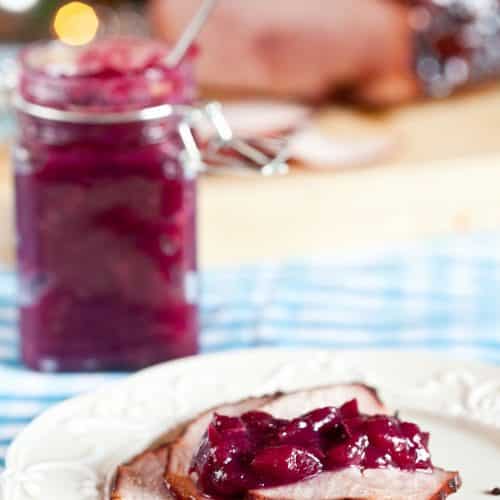 Ham glazed with marmalade served with cranberry compote