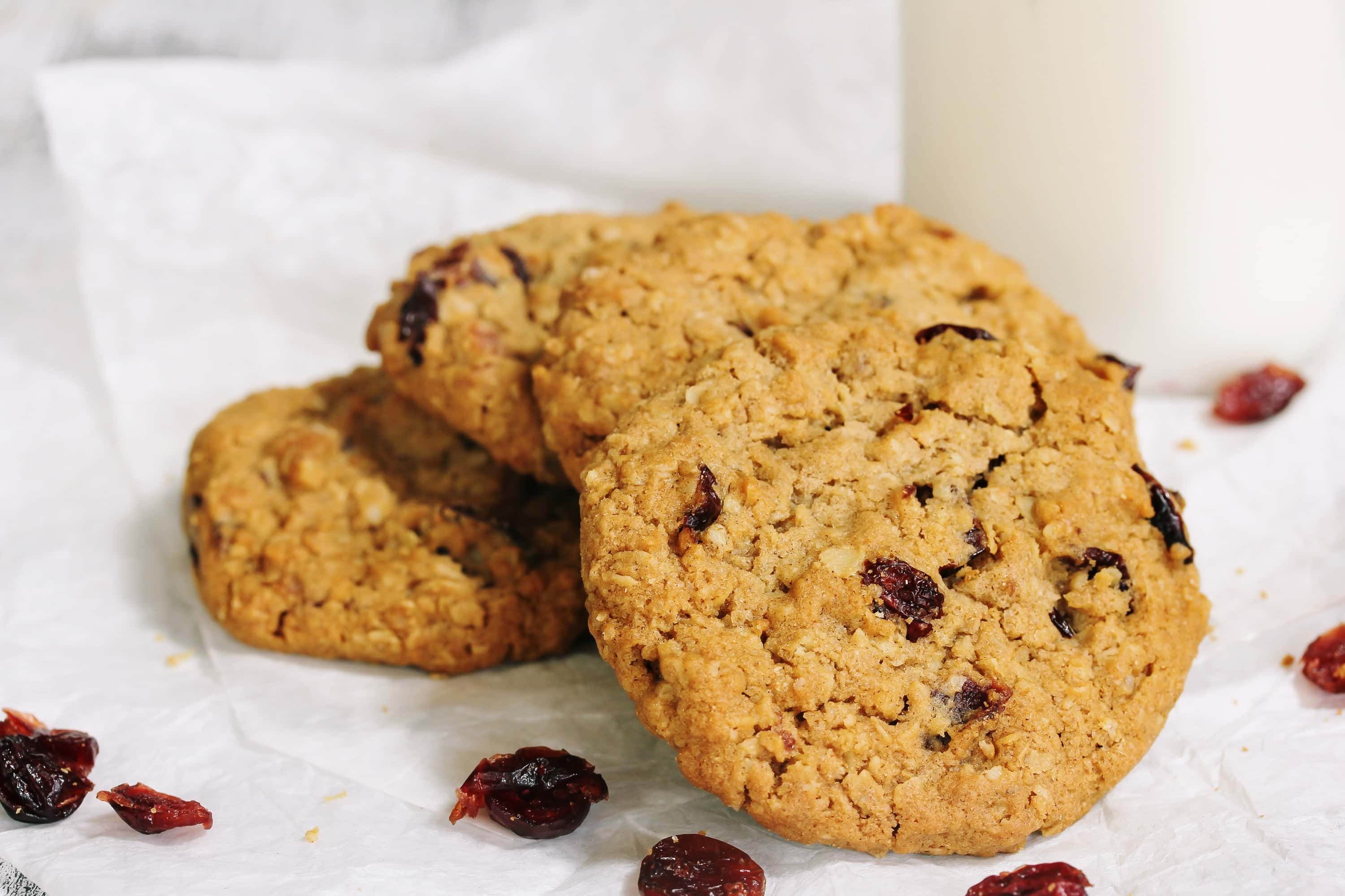 Homemade Cranberry cookies with a bottle of milk on side, selective focus