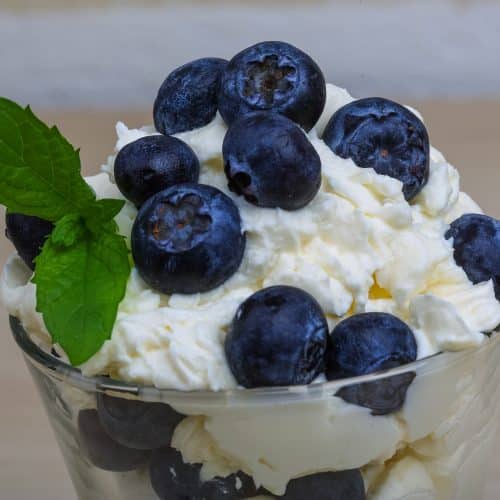 Blueberry with mascarpone cheese served mint leaves