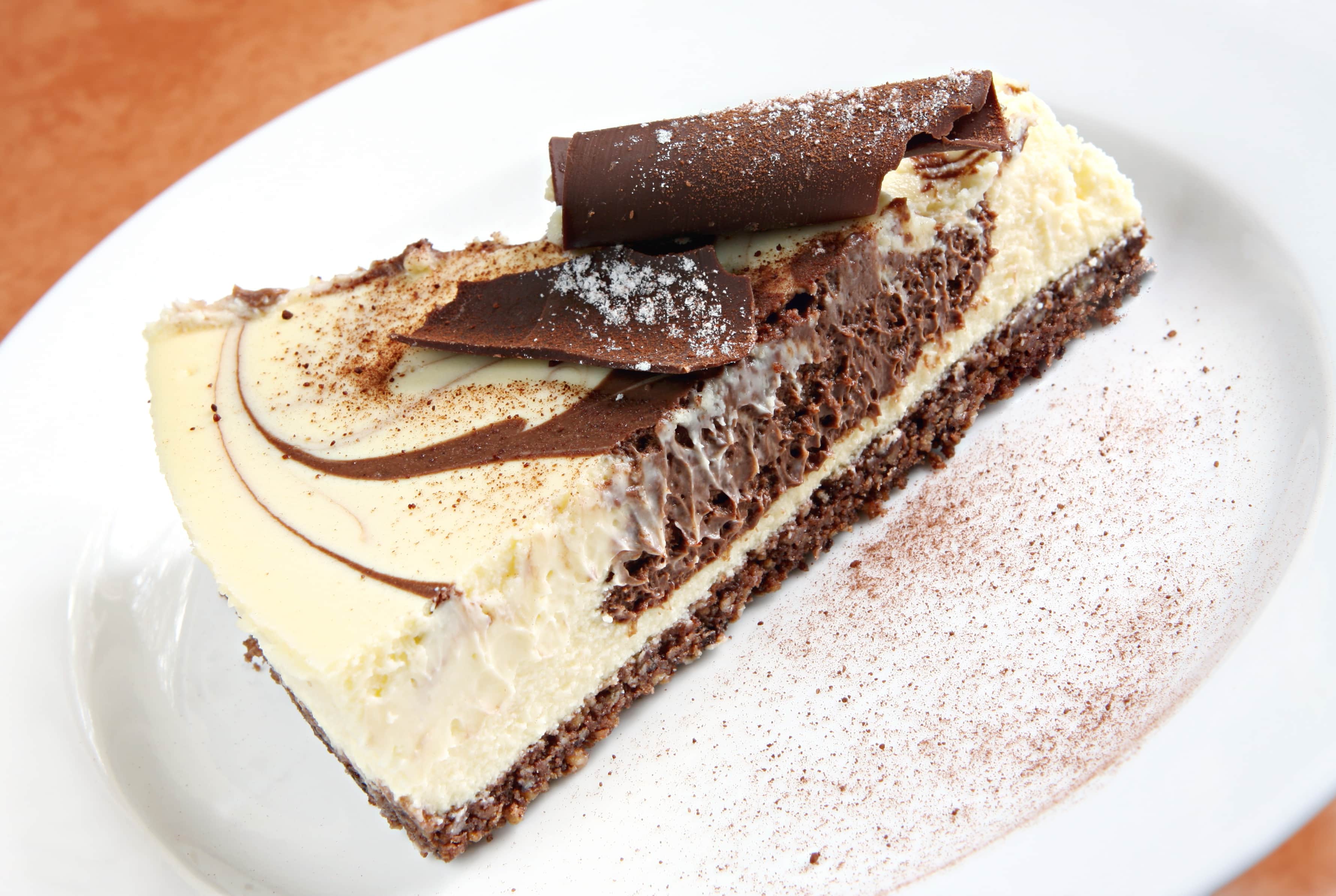 Chocolate cheesecake, baked to perfection.  On white plate with terracotta background.  Delicious!