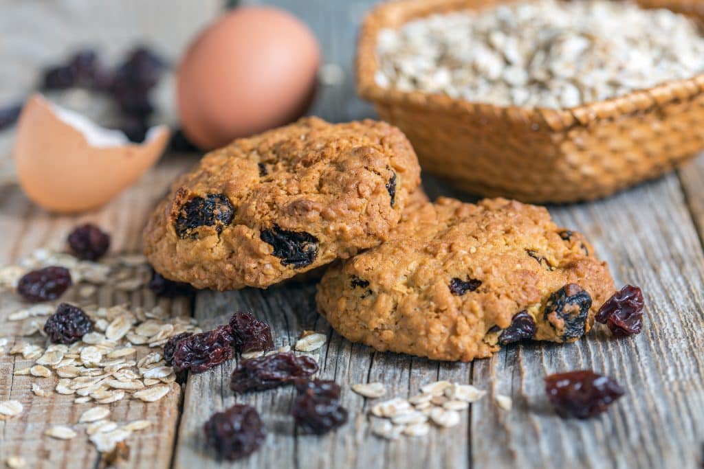 Homemade oatmeal cookies, eggs and raisins. Aspartame